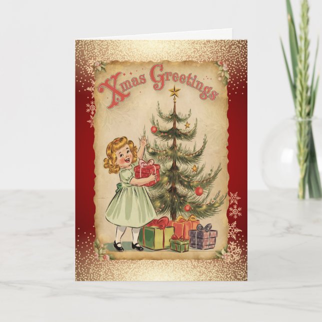 Vintage Pine Tree Girl Snowflakes Red Holiday Card (Front)