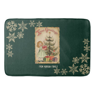 Vintage Pine Tree Little Girls Presents Snowflakes Bath Mat