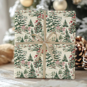 Vintage Pine Tree Victorian Christmas Toile Wrapping Paper