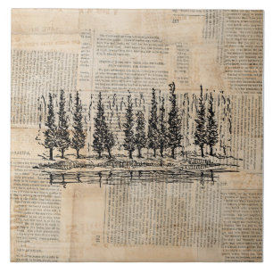 Vintage Pine Trees Nature Scene Newsprint Art Ceramic Tile