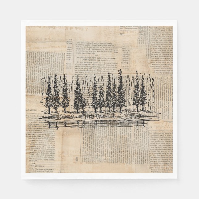 Vintage Pine Trees Nature Scene Newsprint Art Napkin (Front)