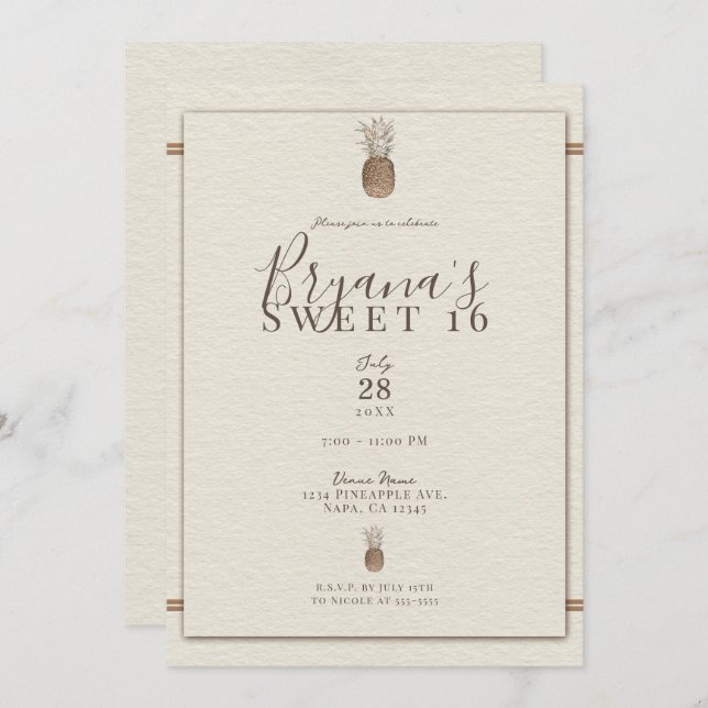 Vintage Pineapple Minimal Elegant Cream Sweet 16 Invitation (Front/Back)