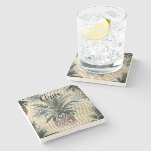 Vintage Pineapple on Gold Foil Striped  Stone Coaster (Side)