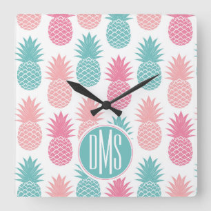 Vintage Pineapple Pattern   Monogram Square Wall Clock