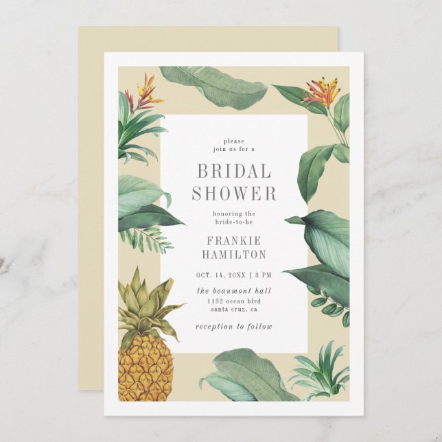 Vintage Pineapple & Tropical Leaves Bridal Shower Invitation (Front/Back)