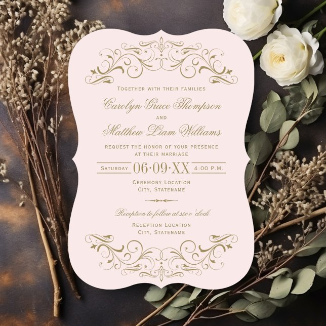 Vintage Pink and Antique Gold Flourish Wedding Invitation (Creator Uploaded)