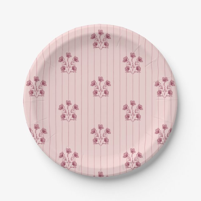 Vintage Pink and Burgundy Flower Stripes Paper Plate (Front)