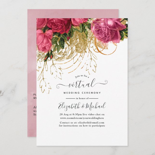 Vintage Pink and Gold Online Virtual Wedding Invitation (Front/Back)