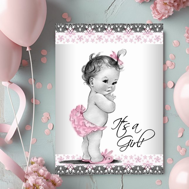 Vintage Pink and Gray Baby Girl Shower Invitation (Adorable vintage baby girl  with ruffle pants on a pretty pink lace background. )