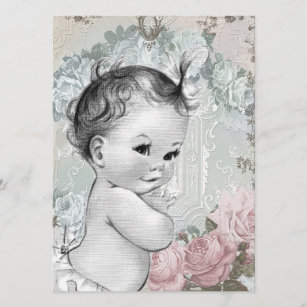 Vintage Pink and Grey Baby Girl Shower Invitation
