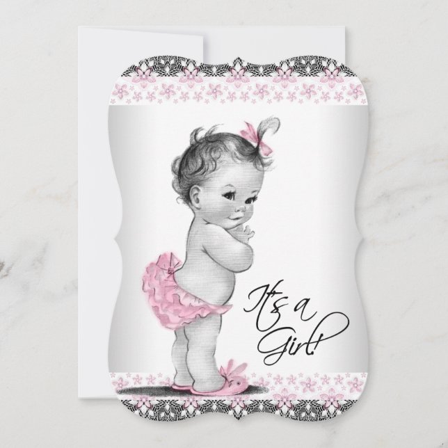 Vintage Pink and Grey Baby Shower Invitation (Front)