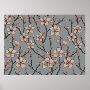 Vintage Pink and Grey Blossom Pattern Poster