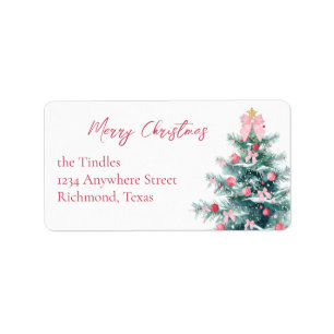 Vintage Pink and Pastel Watercolor Christmas Tree Label