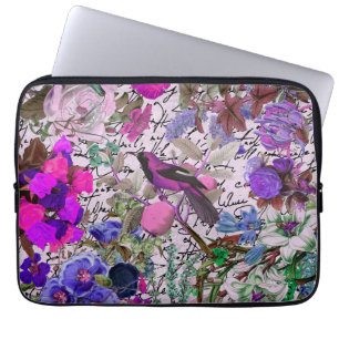 Vintage Pink and Purple Bird and Floral & Script Laptop Sleeve