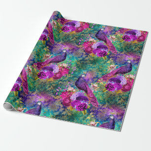 Vintage Pink and Purple Floral Peacock Seamless Wrapping Paper