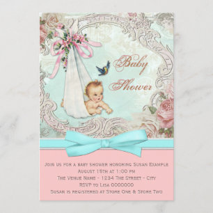 Vintage Pink and Teal Blue Baby Shower Invitation