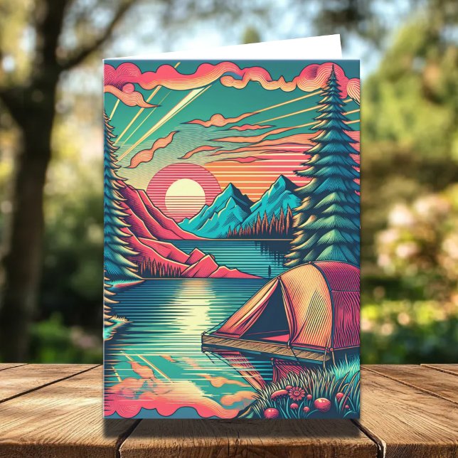 Vintage Pink and Teal Camping Themed Birthday Card (Creator Uploaded)