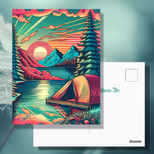 Vintage Pink and Teal Camping Themed Birthday Postcard