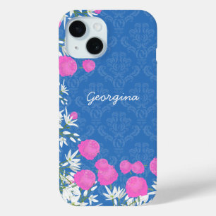 Vintage Pink and White Flowers with Damask on Blue iPhone 15 Case