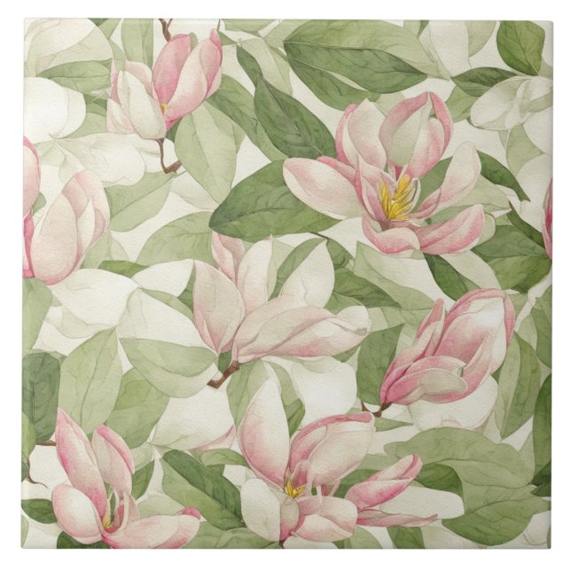 Vintage Pink and White Magnolias Ceramic Tile (Front)