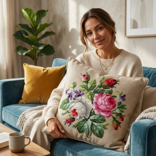 Vintage Pink and WhiteFloral Cross Stitch Cushion