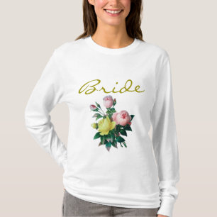 vintage pink and yellow rose flowers bride shirt. T-Shirt