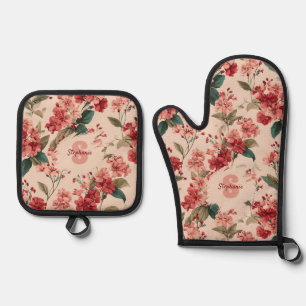 Vintage Pink Azalea Floral Pattern – Classic Oven Mitt & Pot Holder Set