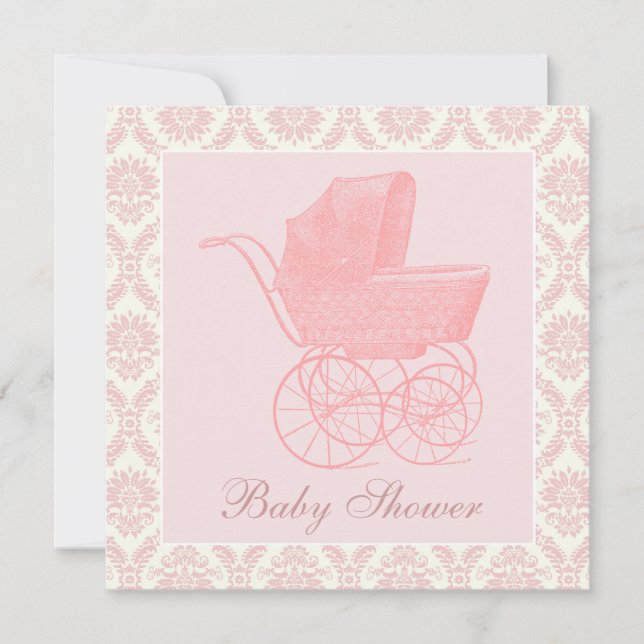 Vintage Pink Baby Carriage Baby Girl Shower Invitation (Front)