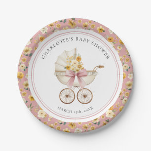 Vintage Pink Baby Carriage Floral Baby Shower Paper Plate
