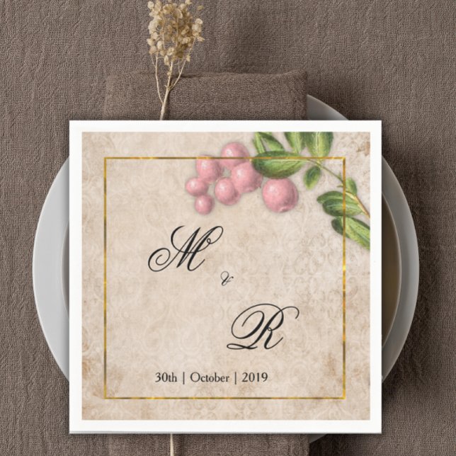 Vintage Pink Berries Wedding Monogrammed Napkin (Creator Uploaded)