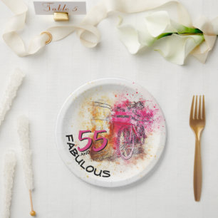 Vintage Pink Bicycle Watercolor 55th Birthday Paper Plate