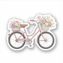 Vintage Pink Bicycle with Floral Baskets Sticker