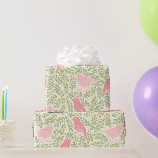Vintage Pink Bird Green Leaf Pattern Wrapping Paper (Party Gifts)