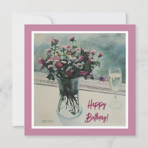 Vintage pink Birthday flowers fine art painting Holiday Card