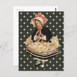 Vintage Pink Black Gold Girl Art Postcard