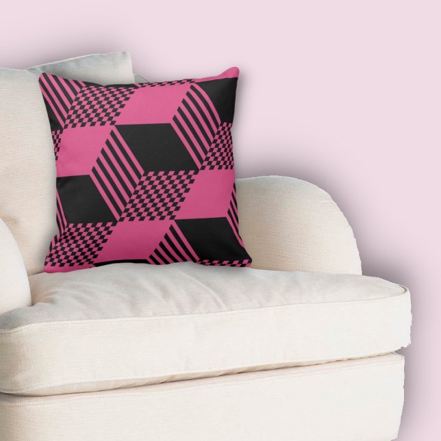 Vintage Pink & Black Stripe Diamond Chequered Cushion (Vintage Pink & Black Stripe Diamond Checker Throw Pillow)