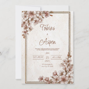 Vintage Pink Blossom Gold Frame Rustic Wedding Invitation