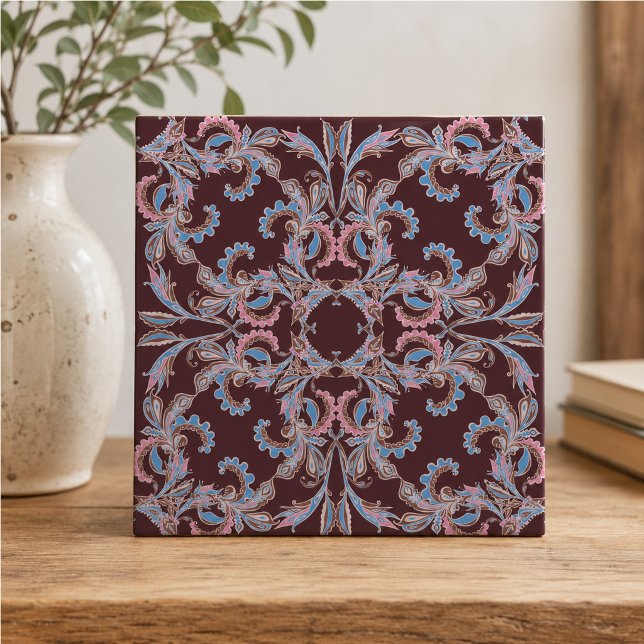 Vintage Pink & Blue Arabesque Tile on Deep Burgund (Creator Uploaded)
