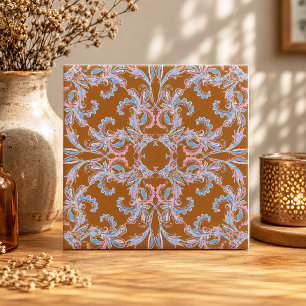 Vintage Pink & Blue Arabesque Tile on Warm Caramel