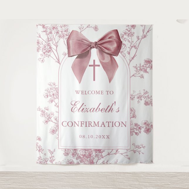 Vintage Pink Bow Confirmation Photo Backdrop Tapestry (Front)