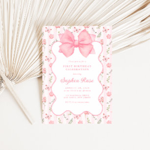 Vintage Pink Bow Elegant Roses Birthday Invitation