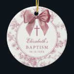 Vintage Pink Bow Floral Baptism Christening Ceramic Ornament<br><div class="desc">These pretty baptism,  christening ornaments feature an elegant pink bow and stylish typography with a floral background and can be personalized with the name,  special date and photo on the reverse. Designed by Thisisnotme©</div>