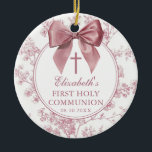 Vintage Pink Bow Floral First Holy Communion Ceramic Ornament<br><div class="desc">These pretty first holy communion keepsake ornaments feature an elegant pink bow and stylish typography with a floral background and can be personalized with the name,  special date and photo on the reverse. Designed by Thisisnotme©</div>