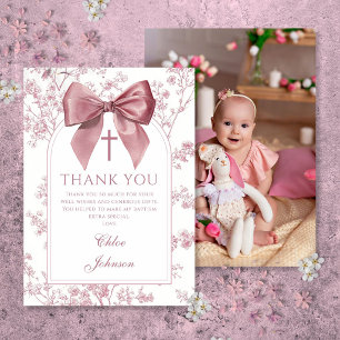 Vintage Pink Bow Floral Girl Baptism Photo Thank You Card