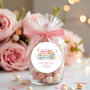 Vintage pink bow floral New chapter Baby Shower Classic Round Sticker