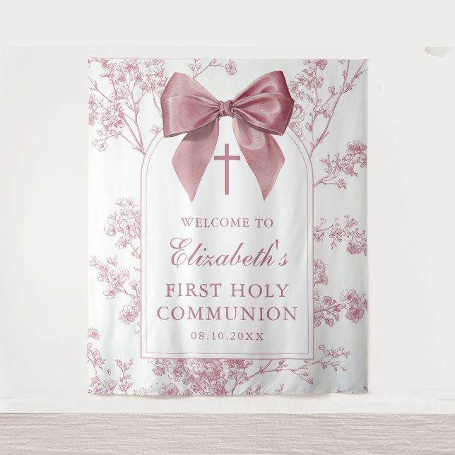 Vintage Pink Bow Holy Communion Photo Backdrop Tapestry (Front)