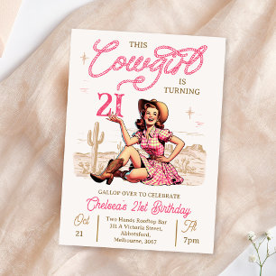Vintage Pink Brown Cowgirl Birthday Invitation