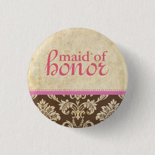 Vintage Pink Brown Damask Maid of Honour Button