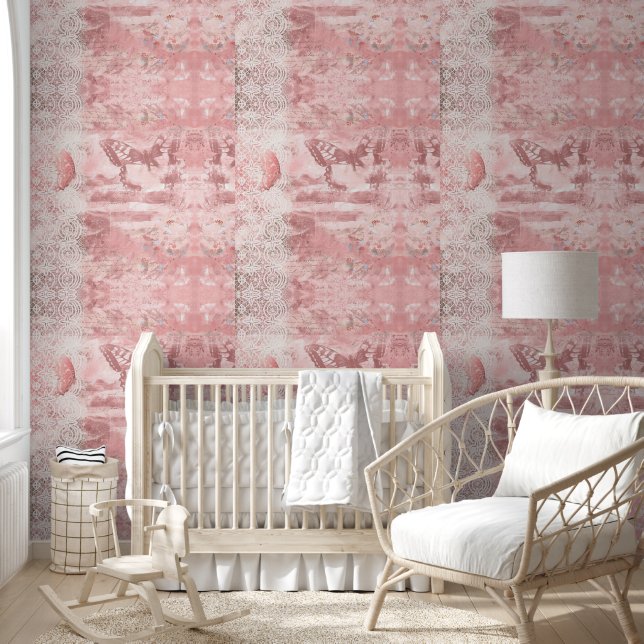 Vintage pink butterfly and lace baby room wallpaper (Kids)