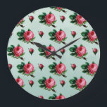 Vintage Pink Cabbage Roses Large Clock<br><div class="desc">Vintage pink cabbage roses over a light blue wallpaper background.</div>